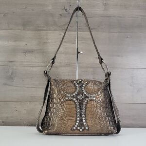 Raviani Studded Brown Croc-Embossed Leather Shoulder Bag